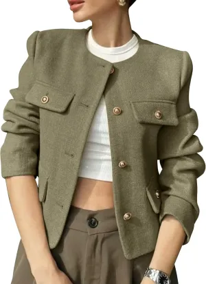 PEHMEA Womens Cropped Tweed Blazer Jackets Long Sleeve Button Down Business Casual Outfits with Pockets