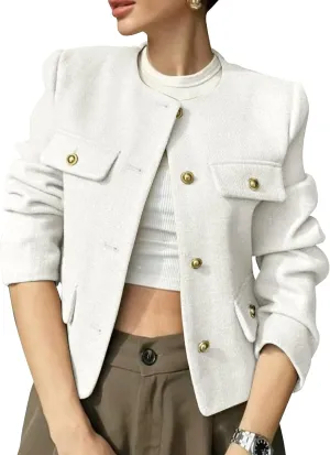 PEHMEA Womens Cropped Tweed Blazer Jackets Long Sleeve Button Down Business Casual Outfits with Pockets