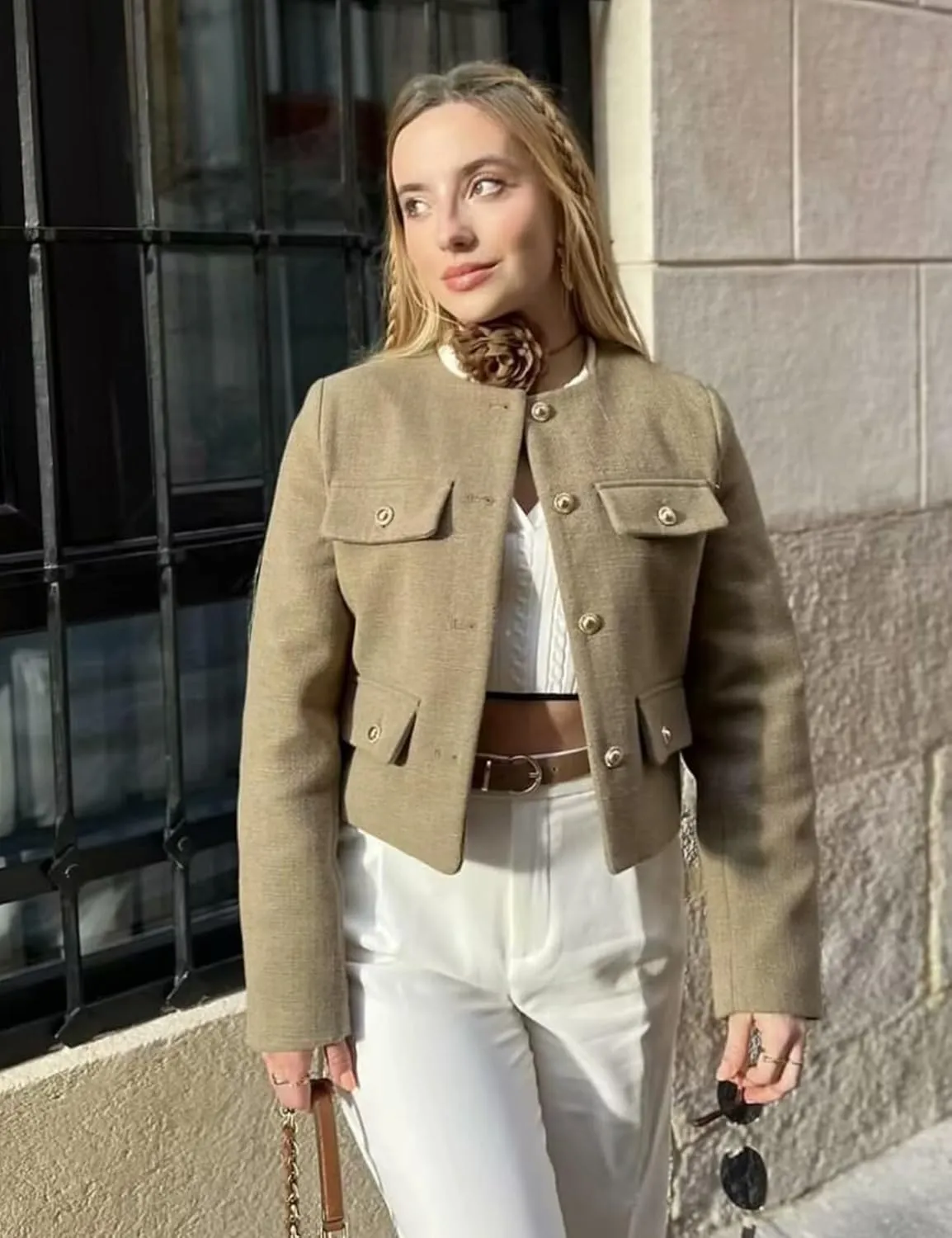 PEHMEA Womens Cropped Tweed Blazer Jackets Long Sleeve Button Down Business Casual Outfits with Pockets