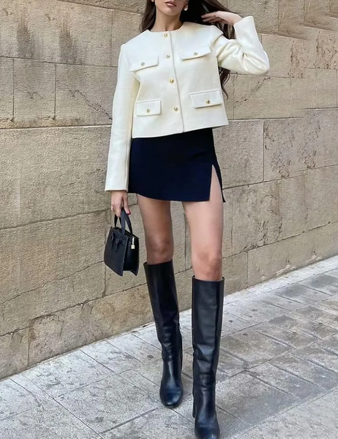 PEHMEA Womens Cropped Tweed Blazer Jackets Long Sleeve Button Down Business Casual Outfits with Pockets