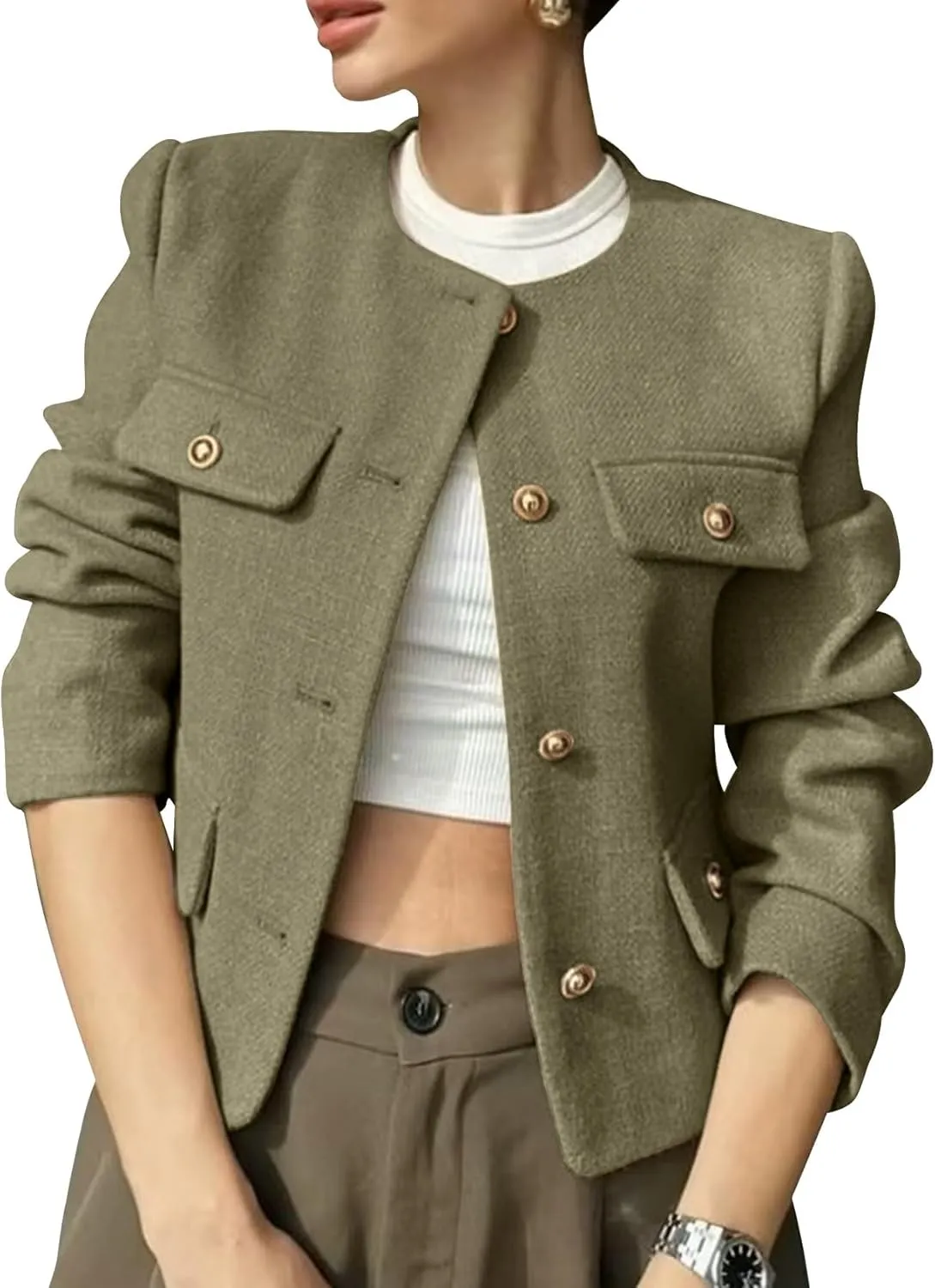 PEHMEA Womens Cropped Tweed Blazer Jackets Long Sleeve Button Down Business Casual Outfits with Pockets