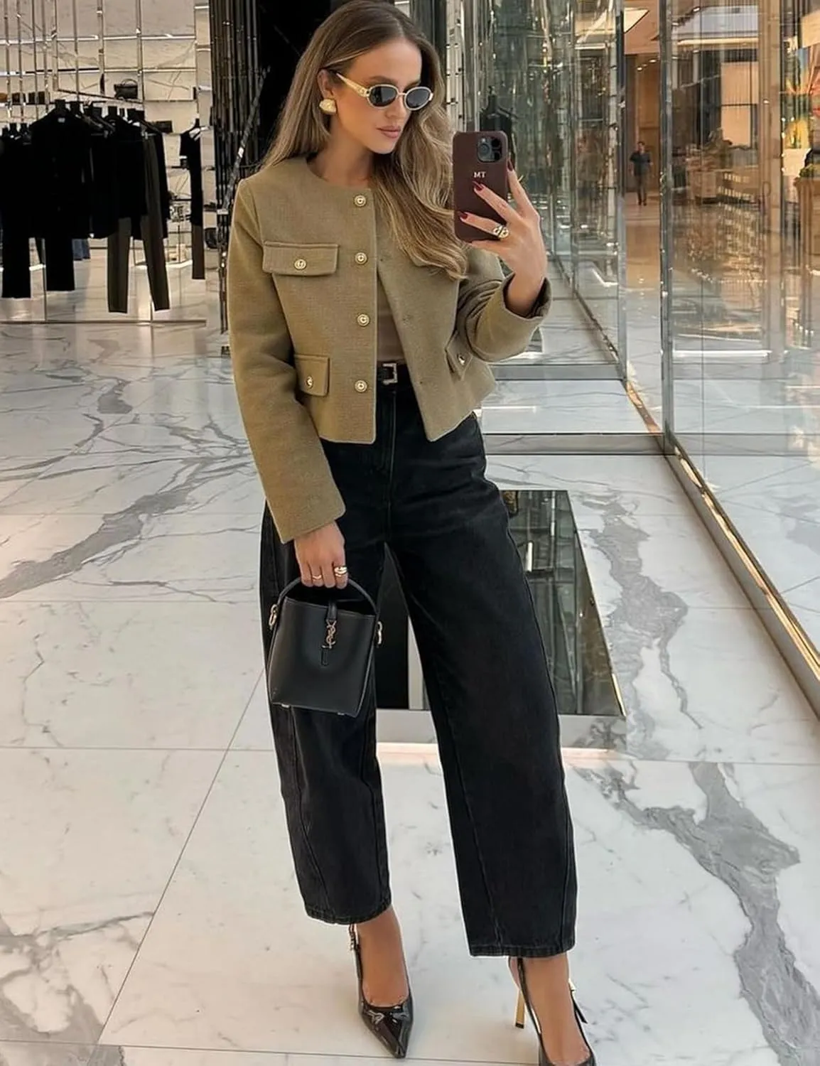 PEHMEA Womens Cropped Tweed Blazer Jackets Long Sleeve Button Down Business Casual Outfits with Pockets