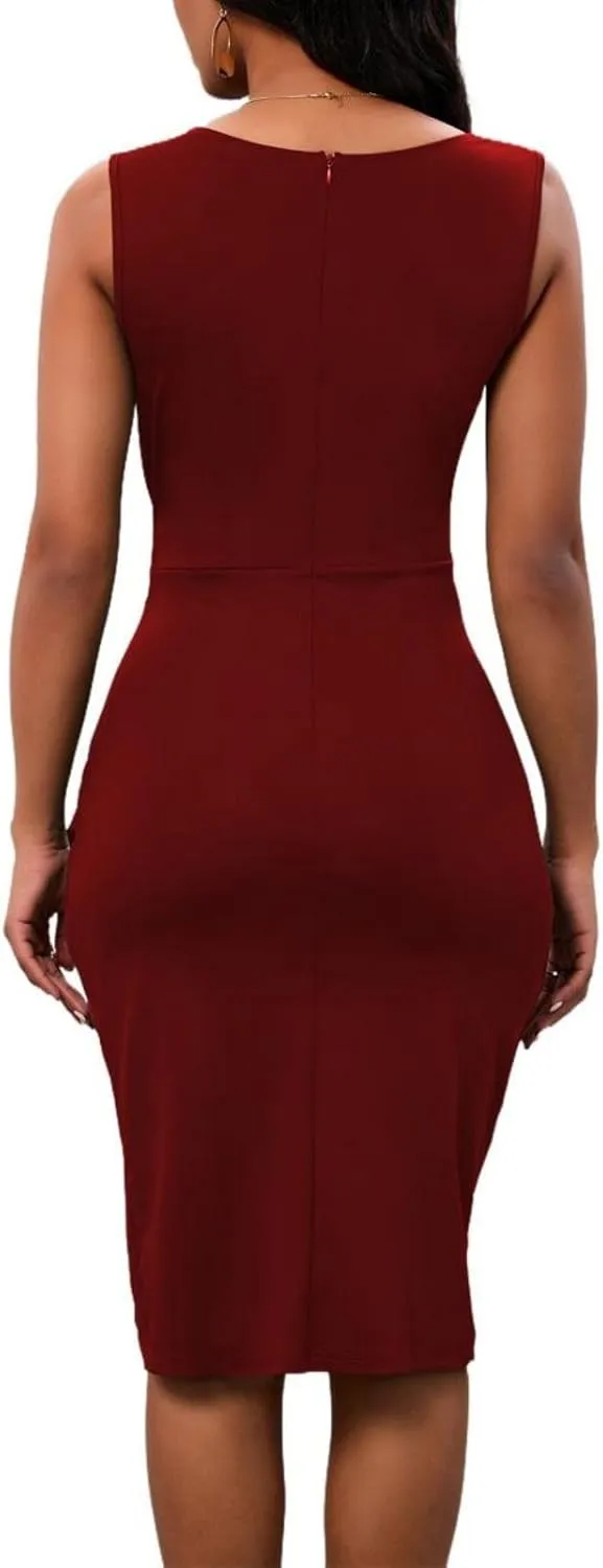 PerZeal Women's Sexy V Neck Sleeveless Bodycon Dress Cocktail Evening Party Wedding Guest Work Faux Wrap Ruched Midi Dresse