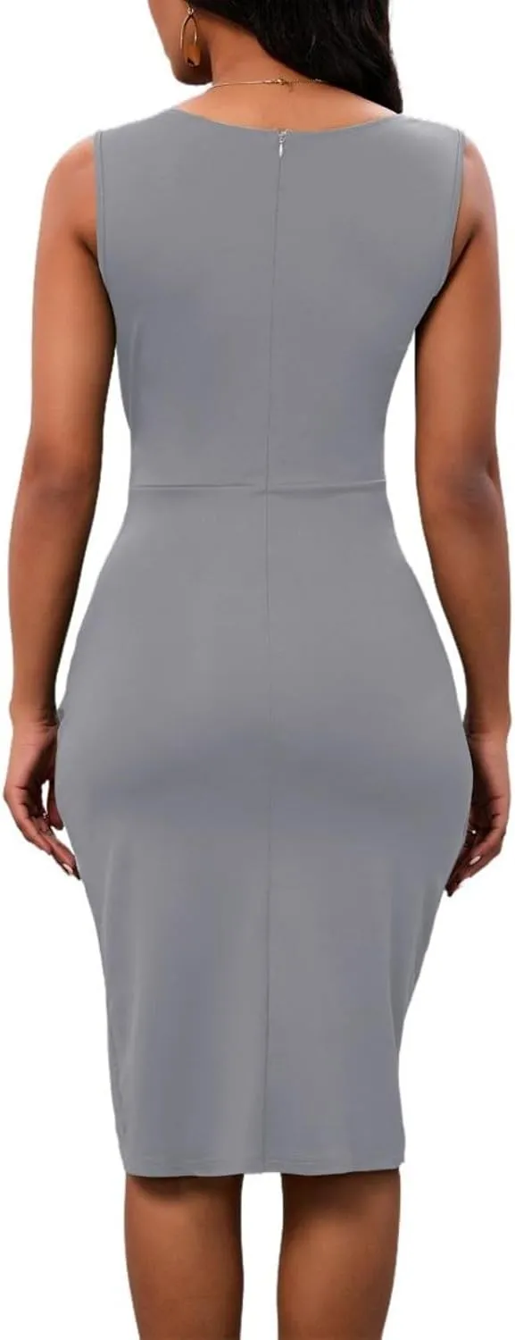 PerZeal Women's Sexy V Neck Sleeveless Bodycon Dress Cocktail Evening Party Wedding Guest Work Faux Wrap Ruched Midi Dresse