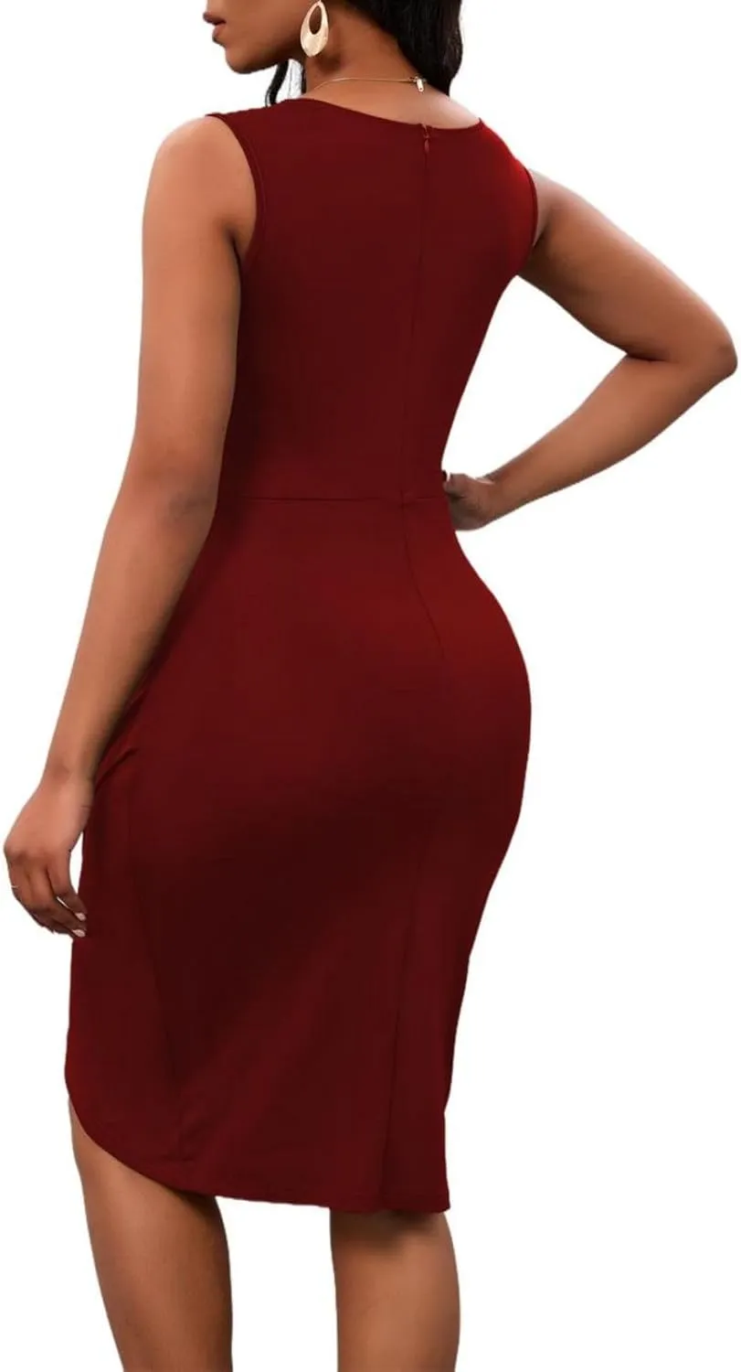 PerZeal Women's Sexy V Neck Sleeveless Bodycon Dress Cocktail Evening Party Wedding Guest Work Faux Wrap Ruched Midi Dresse