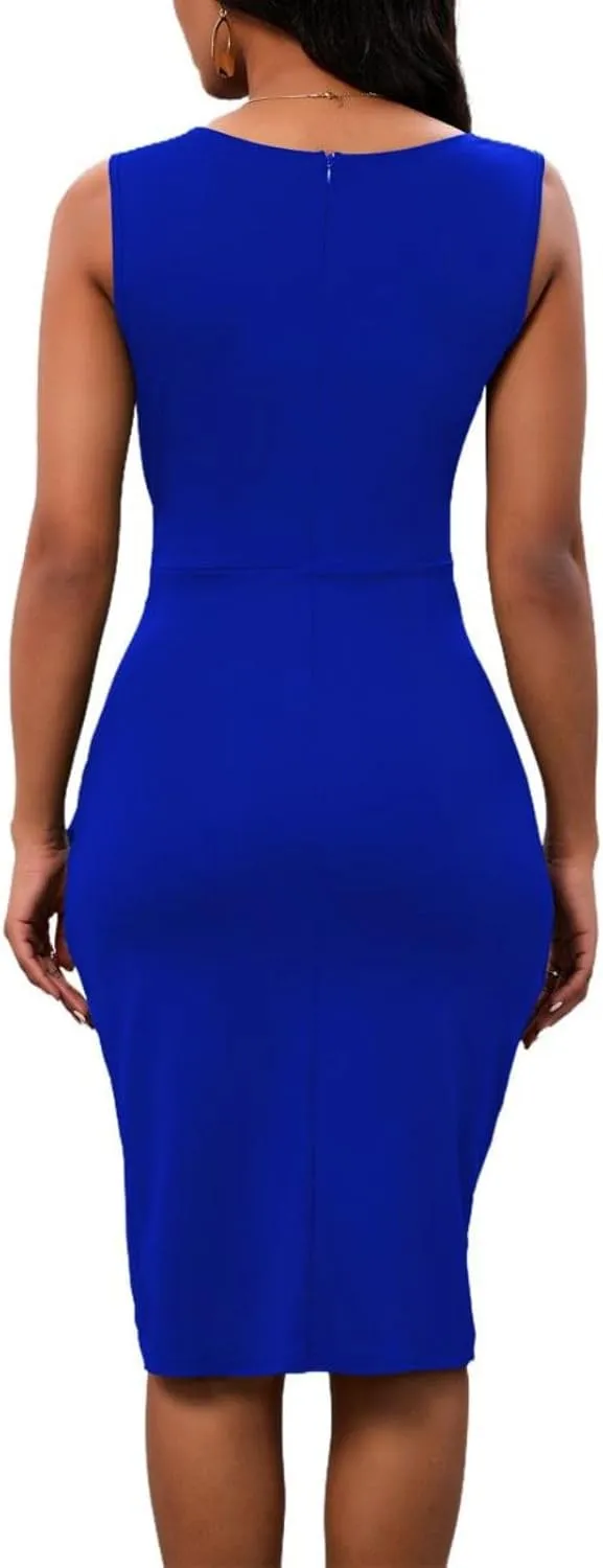 PerZeal Women's Sexy V Neck Sleeveless Bodycon Dress Cocktail Evening Party Wedding Guest Work Faux Wrap Ruched Midi Dresse