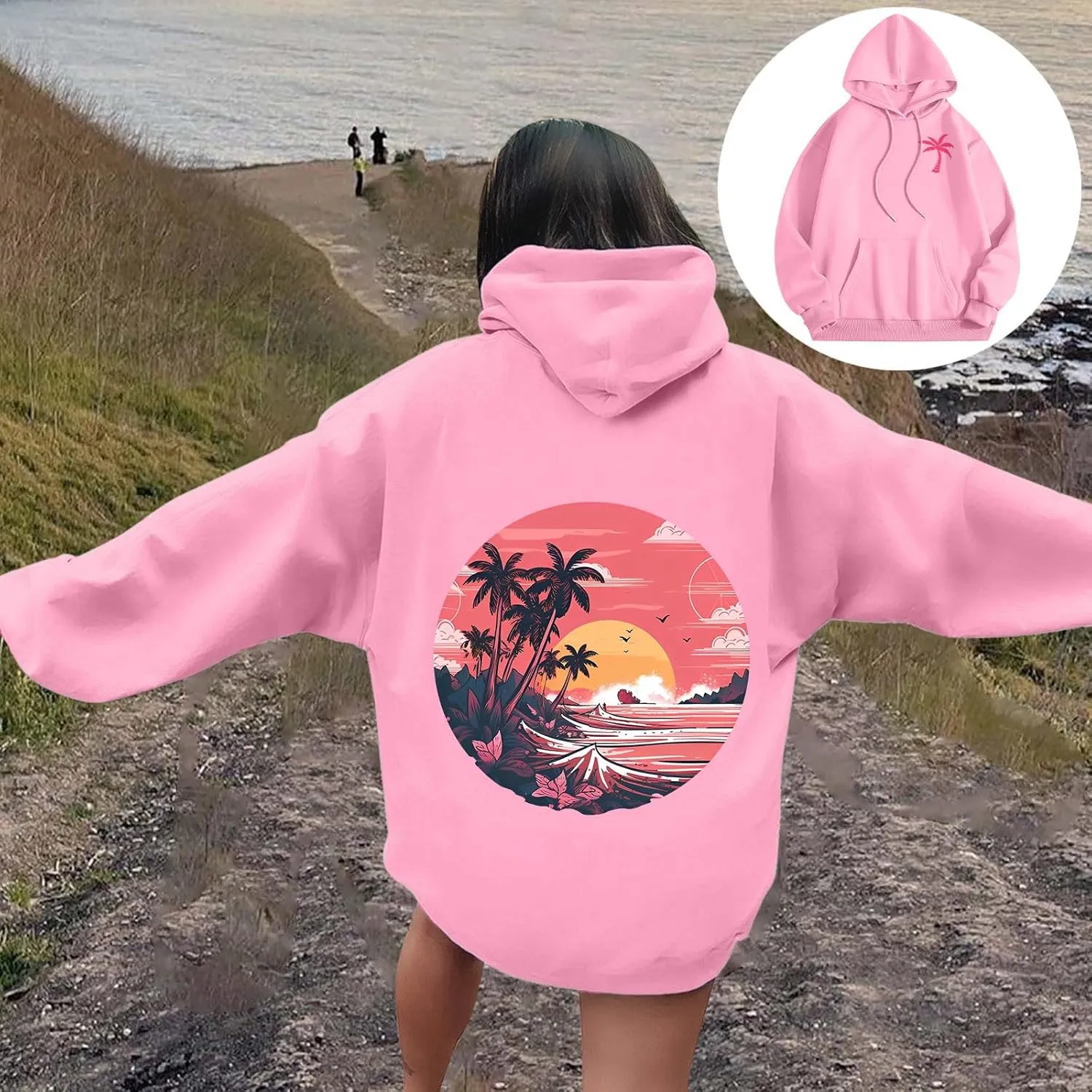 Pink Hoodie Oversized Hoodies for Women, Teen Girls Preppy Sweatshirt Long Sleeve Sweatshirts,Pink
