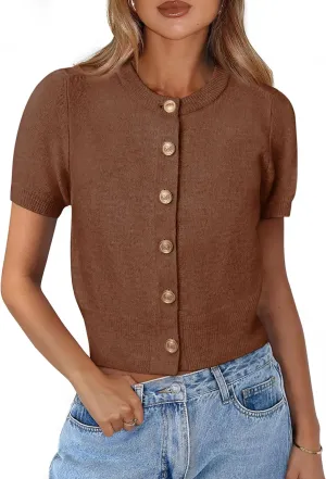PRETTYGARDEN Womens Casual Summer Short Sleeve Cardigans 2025 Button Down Knitted Sweater Basic Crew Neck Crop Tops