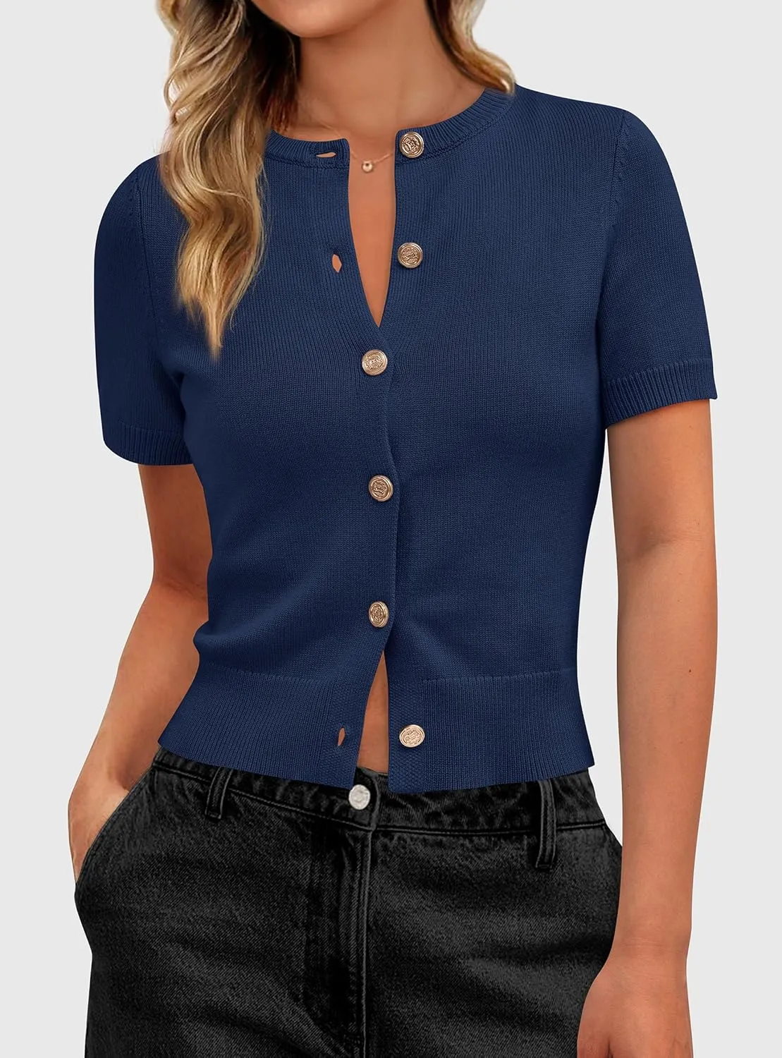 PRETTYGARDEN Womens Casual Summer Short Sleeve Cardigans 2025 Button Down Knitted Sweater Basic Crew Neck Crop Tops