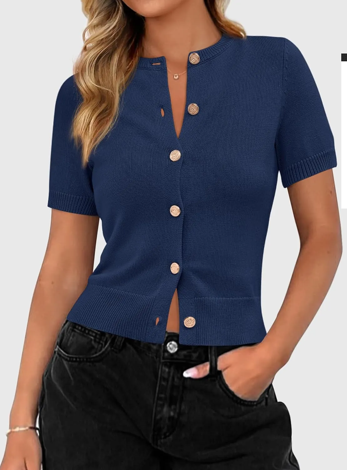 PRETTYGARDEN Womens Casual Summer Short Sleeve Cardigans 2025 Button Down Knitted Sweater Basic Crew Neck Crop Tops