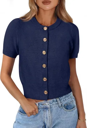PRETTYGARDEN Womens Casual Summer Short Sleeve Cardigans 2025 Button Down Knitted Sweater Basic Crew Neck Crop Tops