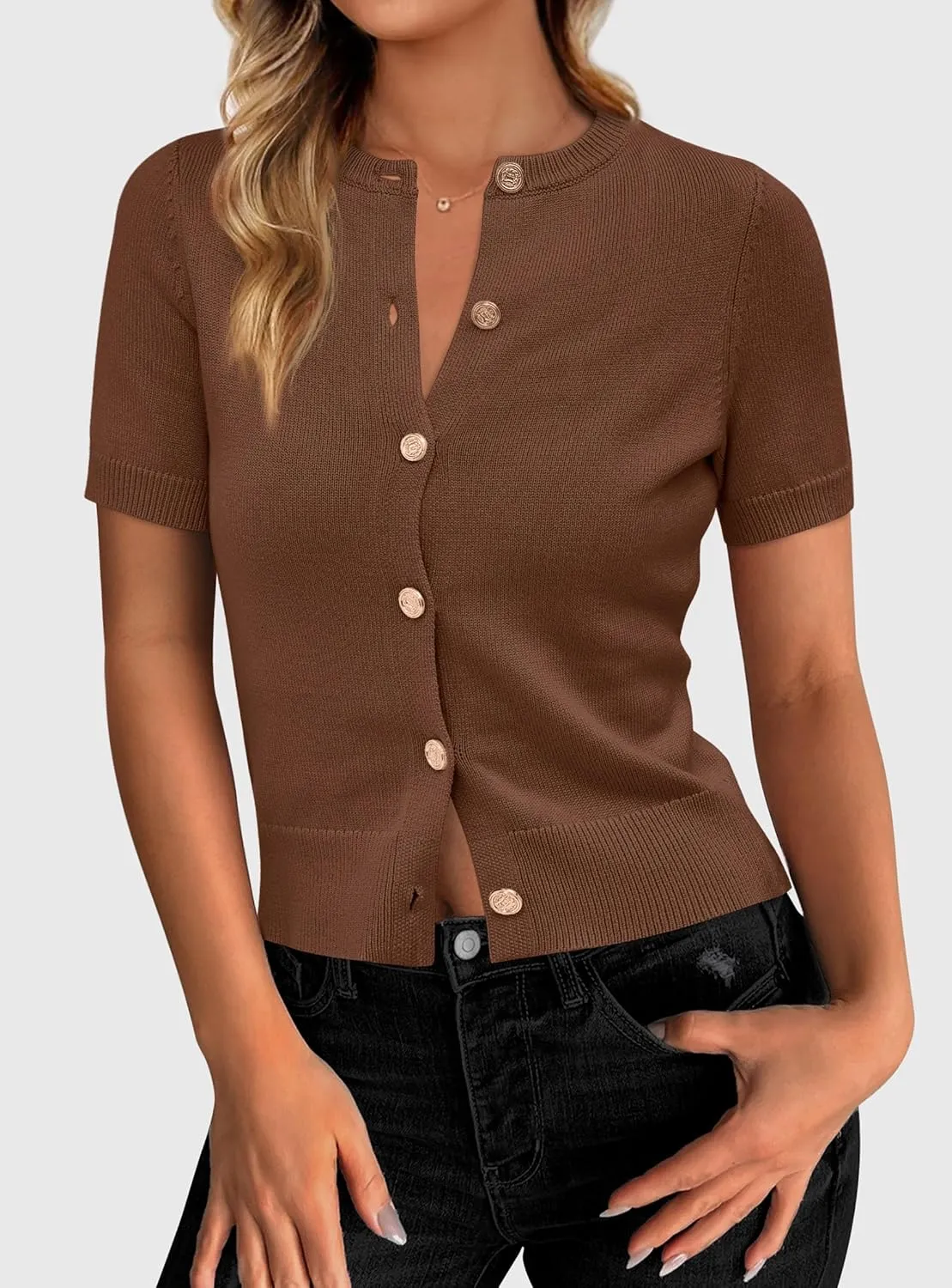 PRETTYGARDEN Womens Casual Summer Short Sleeve Cardigans 2025 Button Down Knitted Sweater Basic Crew Neck Crop Tops