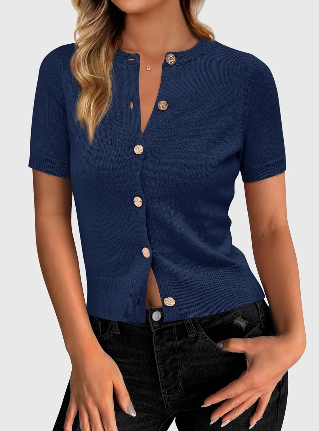 PRETTYGARDEN Womens Casual Summer Short Sleeve Cardigans 2025 Button Down Knitted Sweater Basic Crew Neck Crop Tops