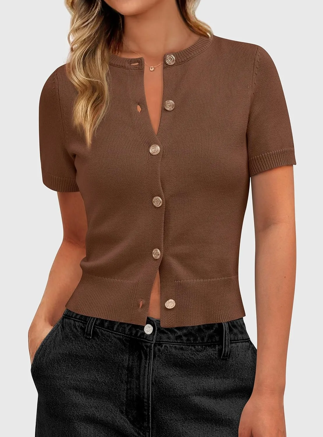 PRETTYGARDEN Womens Casual Summer Short Sleeve Cardigans 2025 Button Down Knitted Sweater Basic Crew Neck Crop Tops