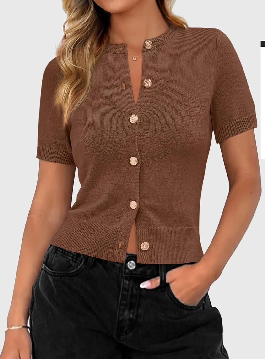 PRETTYGARDEN Womens Casual Summer Short Sleeve Cardigans 2025 Button Down Knitted Sweater Basic Crew Neck Crop Tops