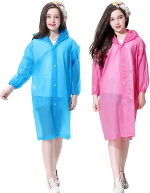 Raincoat Rain Poncho for Kids (2 Pack), Reusable EVA Rain Coats Jackets with Hood for 6-13 Children Boys Girls