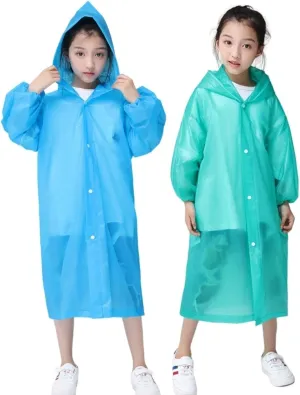 Raincoat Rain Poncho for Kids (2 Pack), Reusable EVA Rain Coats Jackets with Hood for 6-13 Children Boys Girls
