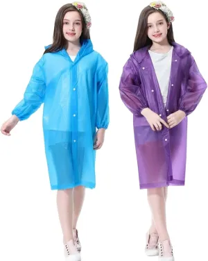 Raincoat Rain Poncho for Kids (2 Pack), Reusable EVA Rain Coats Jackets with Hood for 6-13 Children Boys Girls