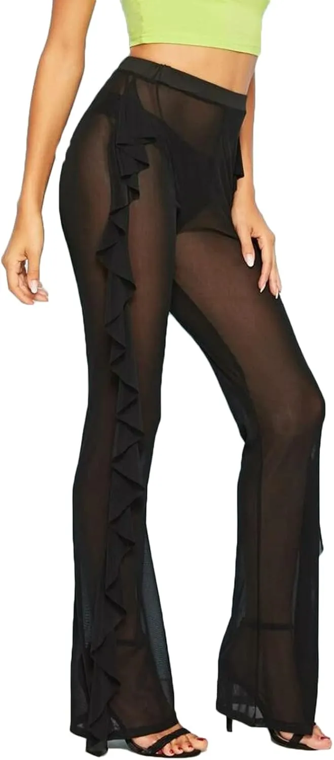 RUEWEY Women See Throug Mesh Flare Cover up Pants Swimsuit Bikini Bottom Cover up Elastic Waist Wide Leg Palazzo Trousers