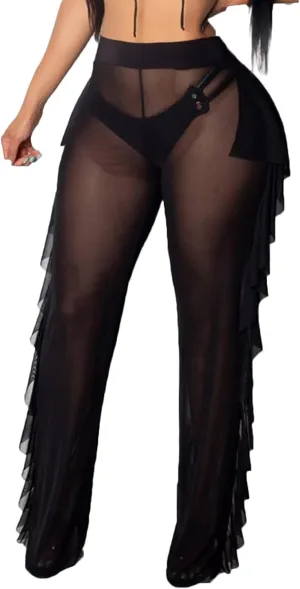 RUEWEY Women See Throug Mesh Flare Cover up Pants Swimsuit Bikini Bottom Cover up Elastic Waist Wide Leg Palazzo Trousers
