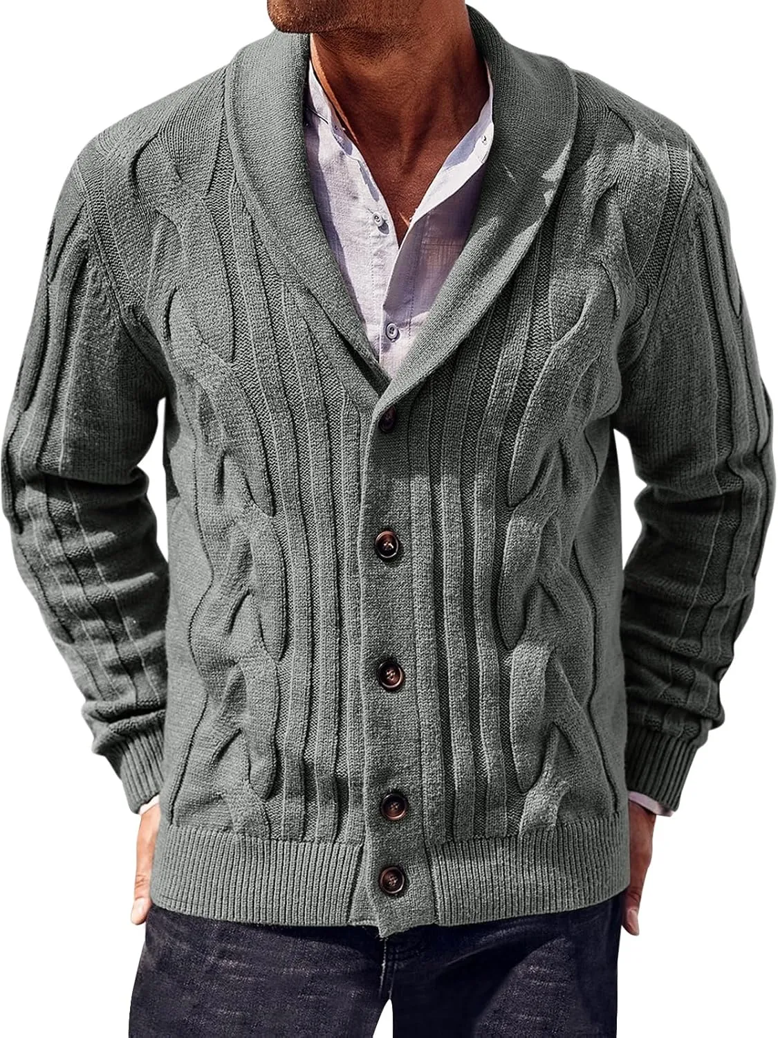 Runcati Mens Cardigan Sweater Cable Knit Button Down Shawl Collar Casual Long Sleeve Fall Winter Sweaters