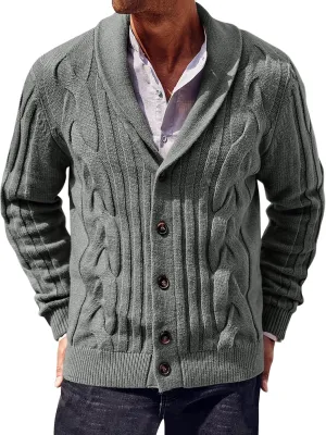 Runcati Mens Cardigan Sweater Cable Knit Button Down Shawl Collar Casual Long Sleeve Fall Winter Sweaters