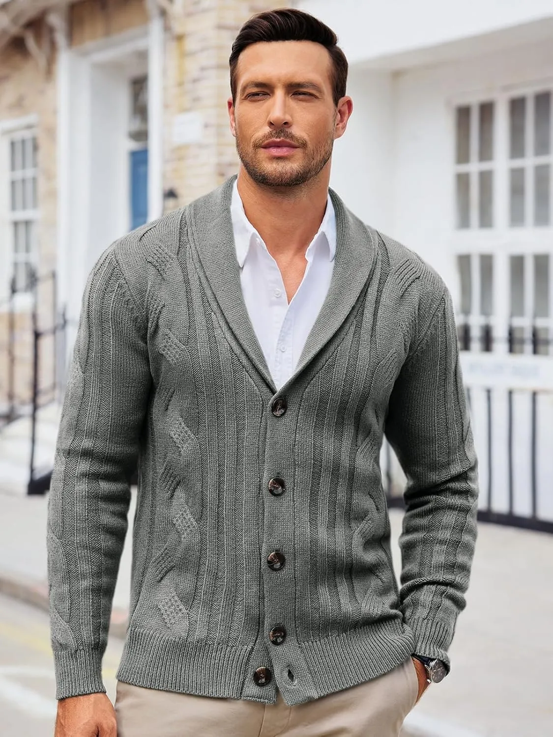 Runcati Mens Cardigan Sweater Cable Knit Button Down Shawl Collar Casual Long Sleeve Fall Winter Sweaters