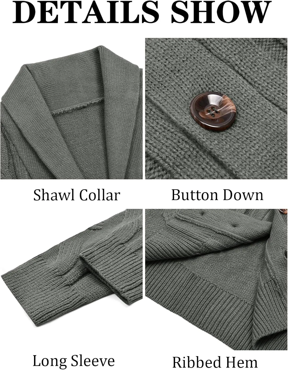 Runcati Mens Cardigan Sweater Cable Knit Button Down Shawl Collar Casual Long Sleeve Fall Winter Sweaters
