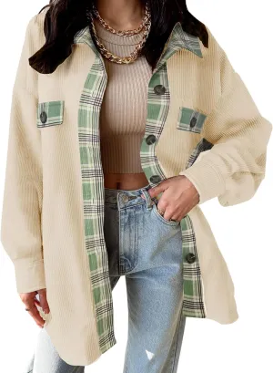 SANDERY Womens Corduroy Button Down Shirts for Women Shacket Long Sleeve Tops Collared Shirt Jacket Pocket Coats