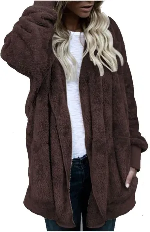 Sherpa Jacket Women Baggy Fuzzy Fleece Open Front Hooded Cardigans Jacket Fluffy Winter Coats Outerwear with Pockets
