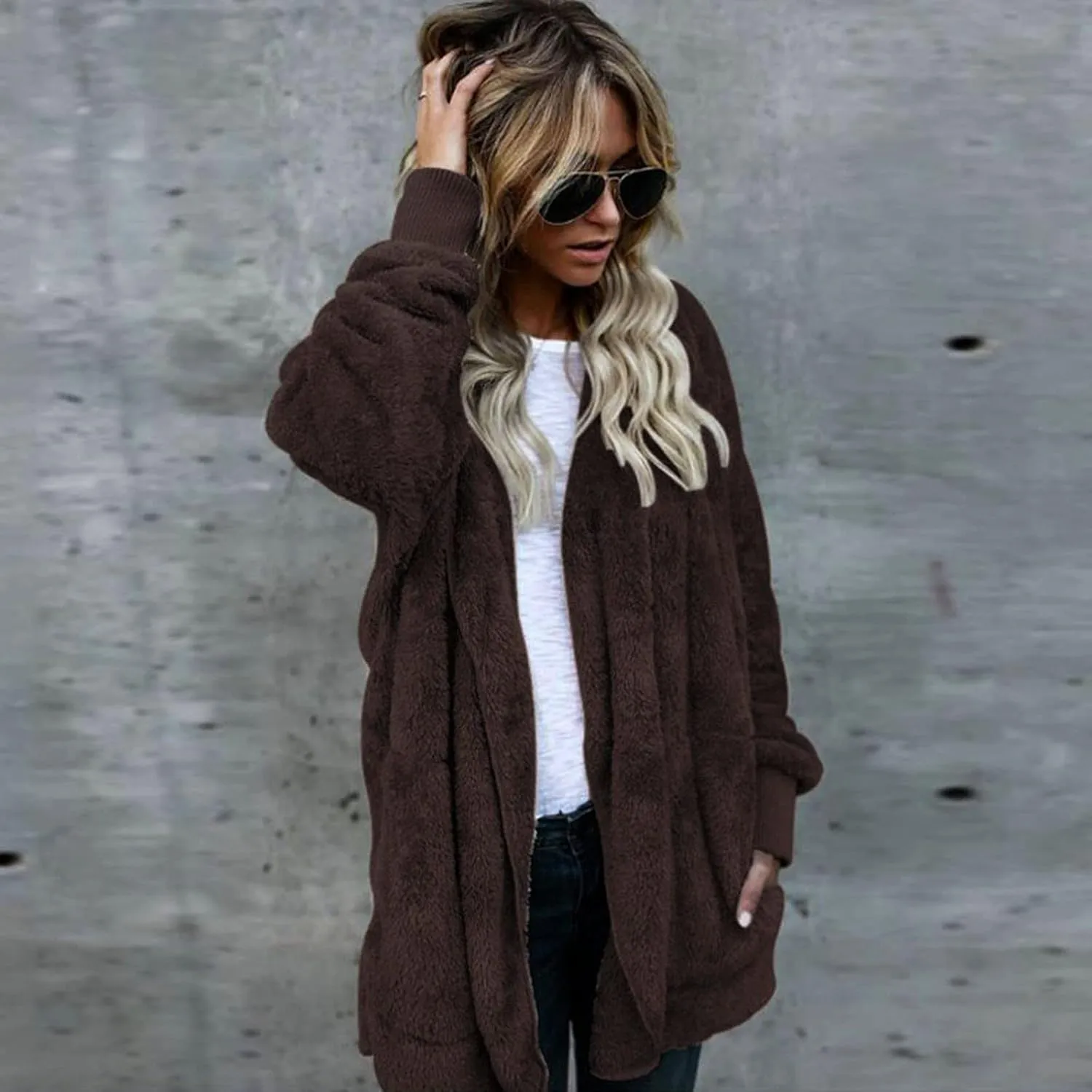 Sherpa Jacket Women Baggy Fuzzy Fleece Open Front Hooded Cardigans Jacket Fluffy Winter Coats Outerwear with Pockets