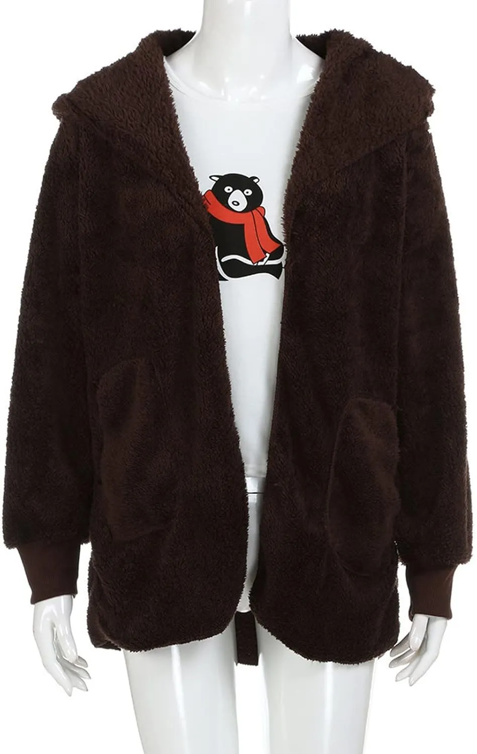 Sherpa Jacket Women Baggy Fuzzy Fleece Open Front Hooded Cardigans Jacket Fluffy Winter Coats Outerwear with Pockets