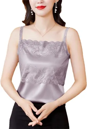 Spring and Summer Women's Camisole Sleeveless Patchwork Silk Satin Lace Vest