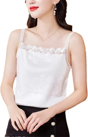 Spring and Summer Women's Camisole Sleeveless Patchwork Silk Satin Lace Vest