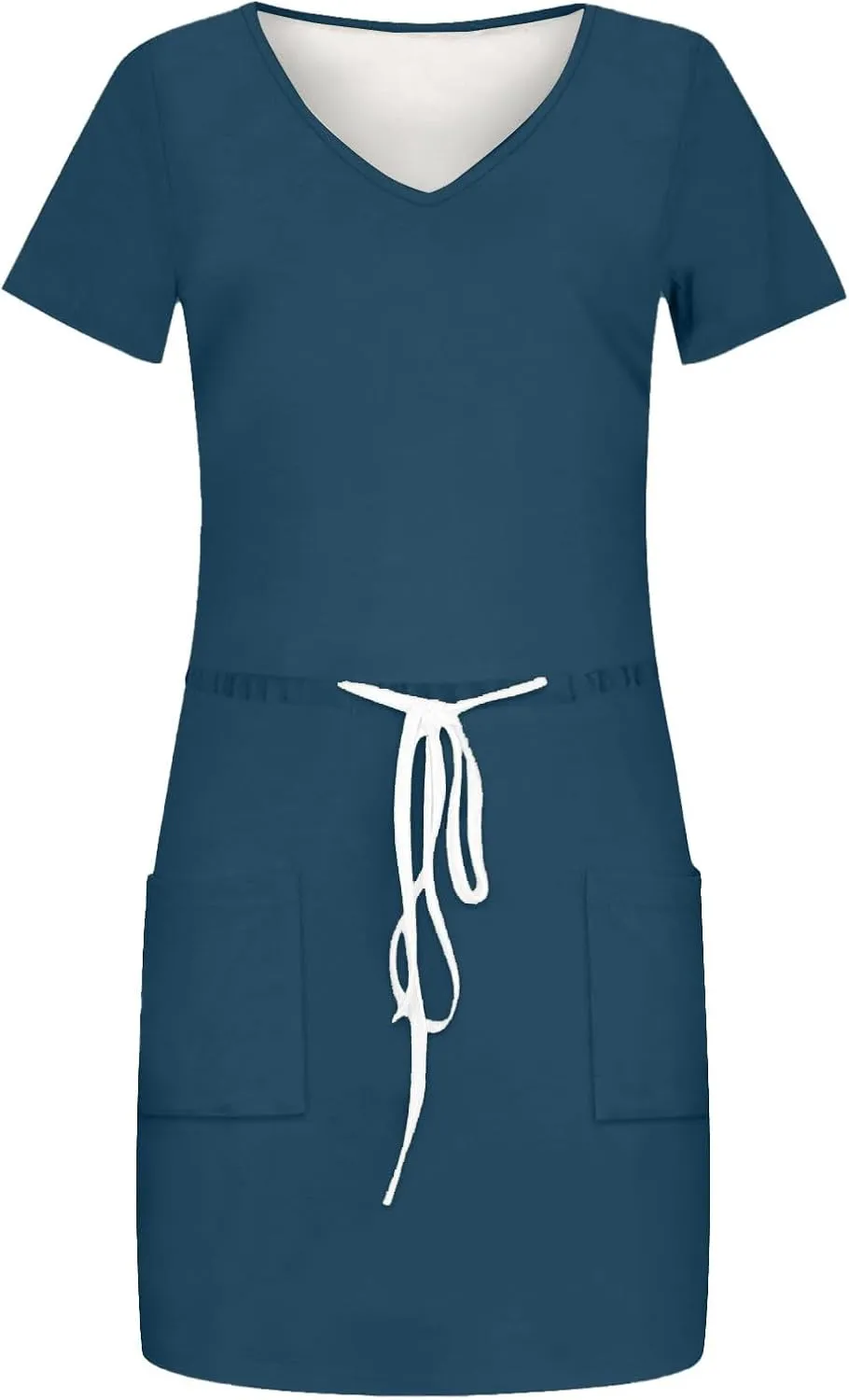 Summer Midi Dress for Women Waist Drawstring Short Sleeve V Neck A Line Loose Casual Short Sundress with Pockets 2025