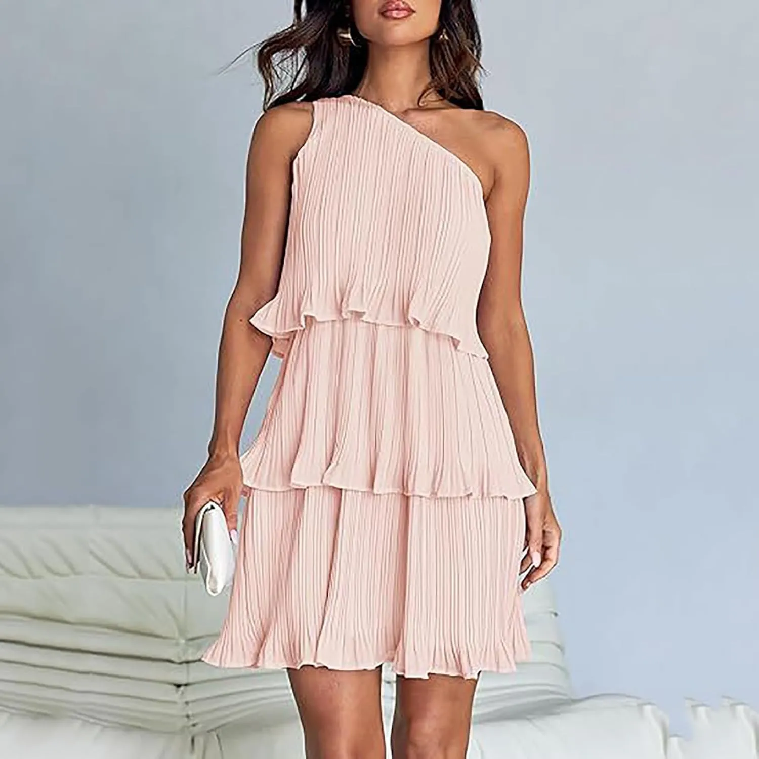 Sundresses for Women 2024 Boho Summer One Shoulder Sleeveless Ruffle Tiered Layered Chiffon Pleated A-Line Mini Dress