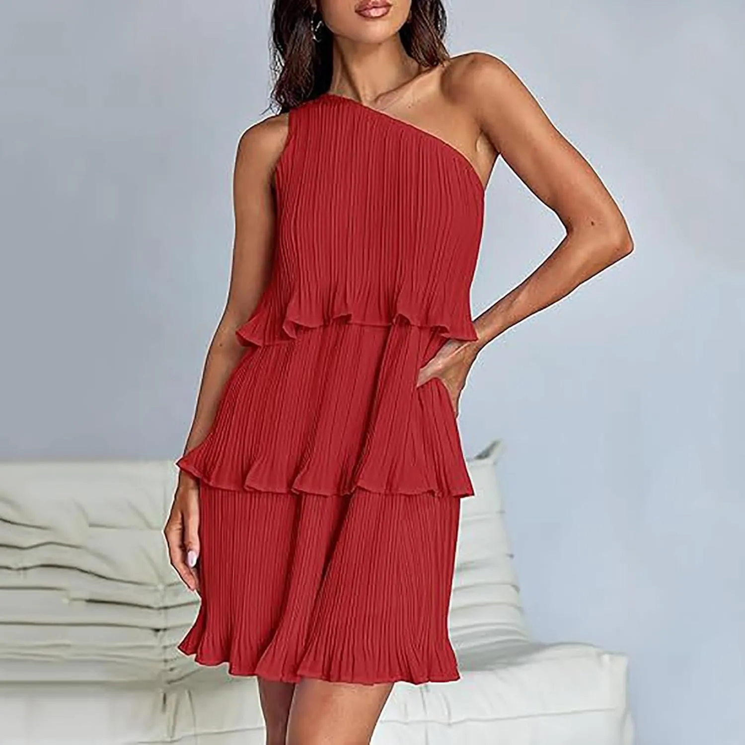 Sundresses for Women 2024 Boho Summer One Shoulder Sleeveless Ruffle Tiered Layered Chiffon Pleated A-Line Mini Dress