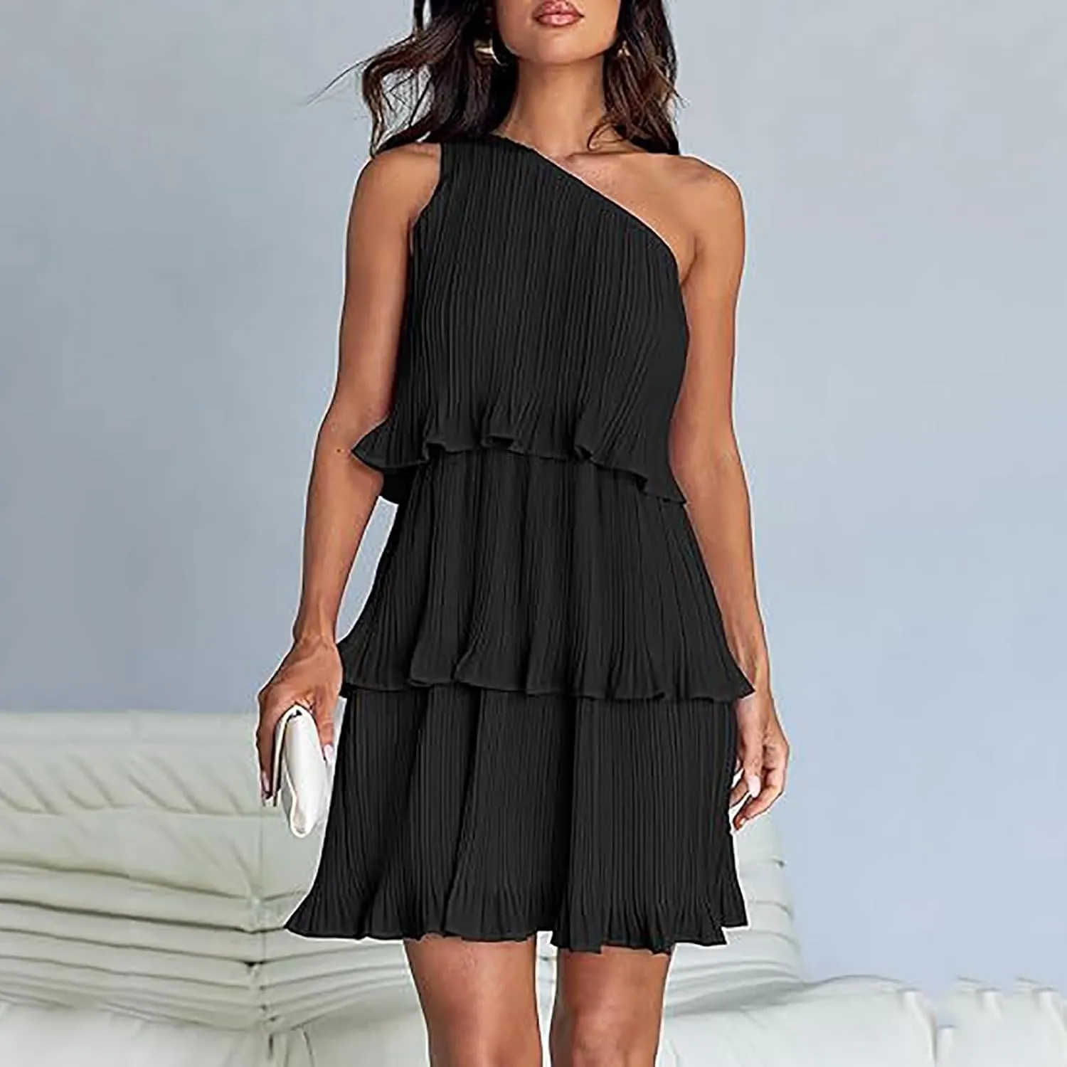 Sundresses for Women 2024 Boho Summer One Shoulder Sleeveless Ruffle Tiered Layered Chiffon Pleated A-Line Mini Dress