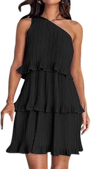 Sundresses for Women 2024 Boho Summer One Shoulder Sleeveless Ruffle Tiered Layered Chiffon Pleated A-Line Mini Dress