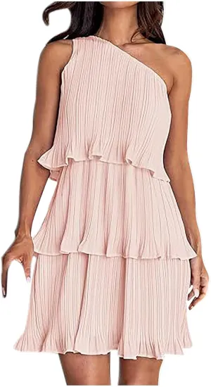 Sundresses for Women 2024 Boho Summer One Shoulder Sleeveless Ruffle Tiered Layered Chiffon Pleated A-Line Mini Dress