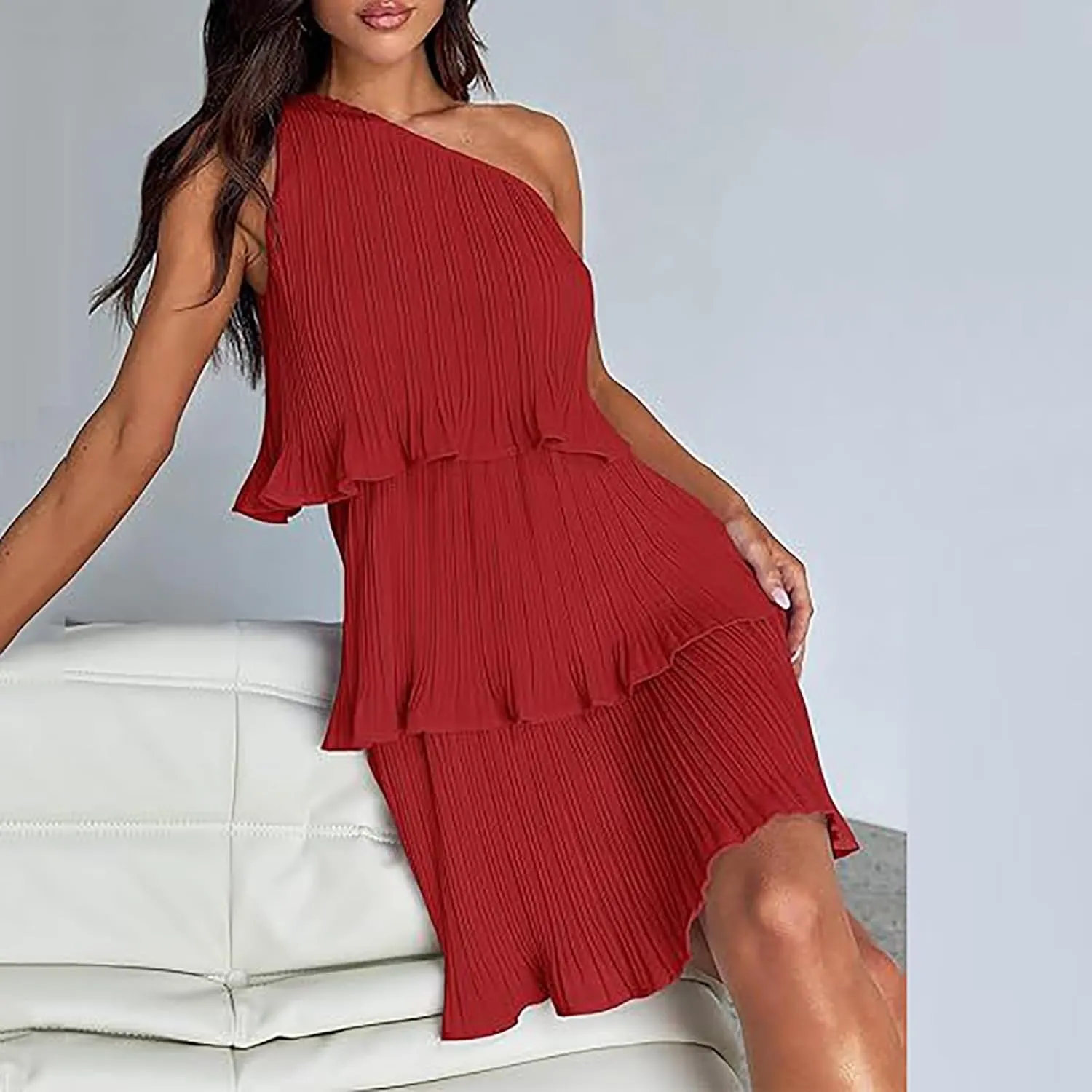 Sundresses for Women 2024 Boho Summer One Shoulder Sleeveless Ruffle Tiered Layered Chiffon Pleated A-Line Mini Dress