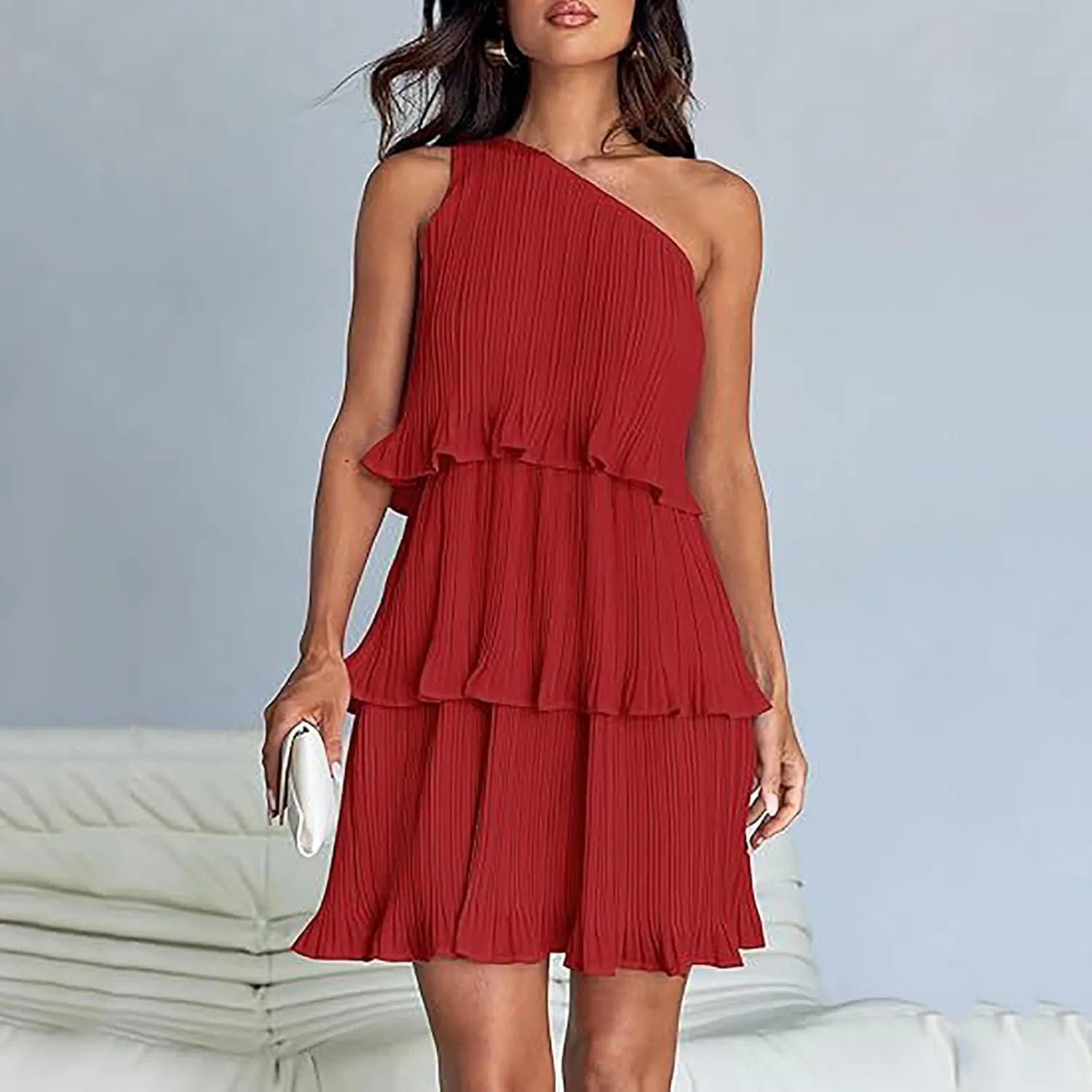 Sundresses for Women 2024 Boho Summer One Shoulder Sleeveless Ruffle Tiered Layered Chiffon Pleated A-Line Mini Dress