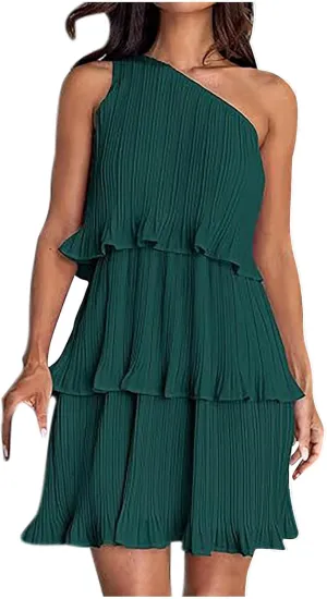 Sundresses for Women 2024 Boho Summer One Shoulder Sleeveless Ruffle Tiered Layered Chiffon Pleated A-Line Mini Dress