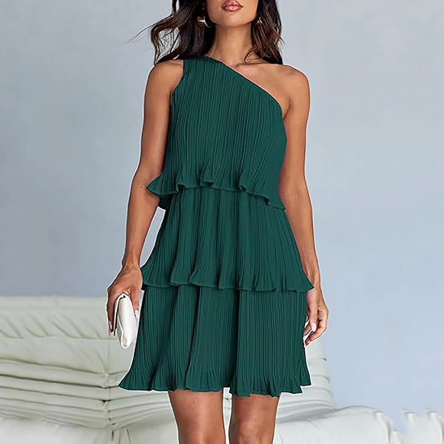 Sundresses for Women 2024 Boho Summer One Shoulder Sleeveless Ruffle Tiered Layered Chiffon Pleated A-Line Mini Dress