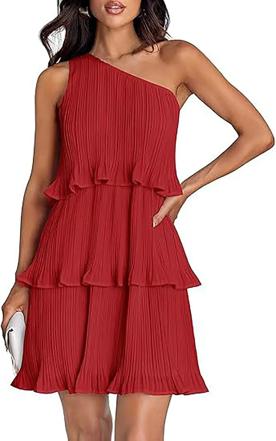 Sundresses for Women 2024 Boho Summer One Shoulder Sleeveless Ruffle Tiered Layered Chiffon Pleated A-Line Mini Dress