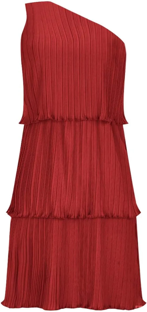 Sundresses for Women 2024 Boho Summer One Shoulder Sleeveless Ruffle Tiered Layered Chiffon Pleated A-Line Mini Dress