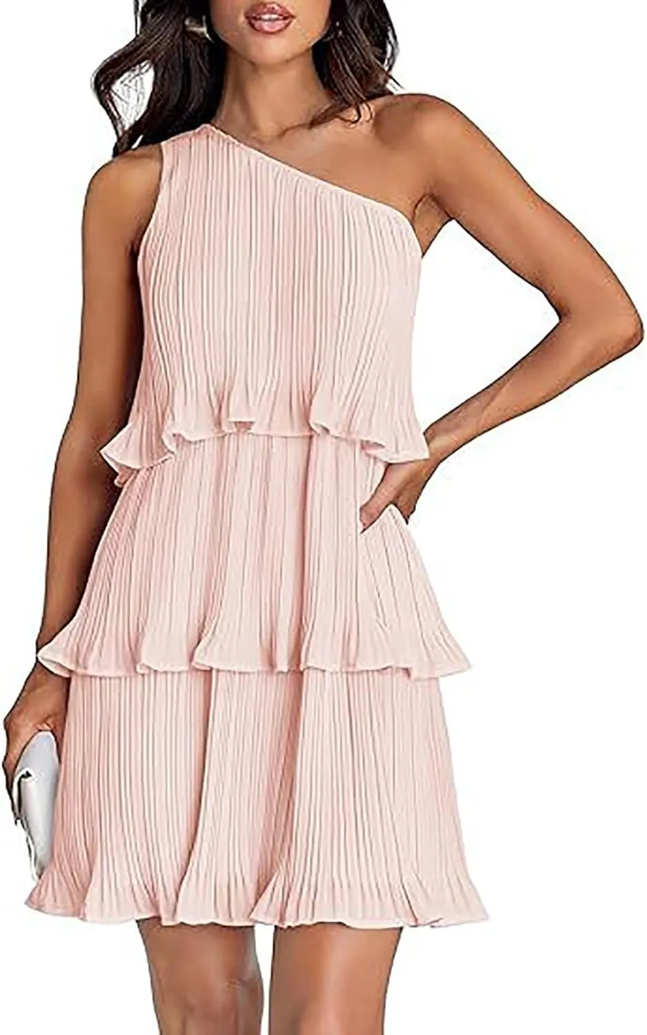 Sundresses for Women 2024 Boho Summer One Shoulder Sleeveless Ruffle Tiered Layered Chiffon Pleated A-Line Mini Dress