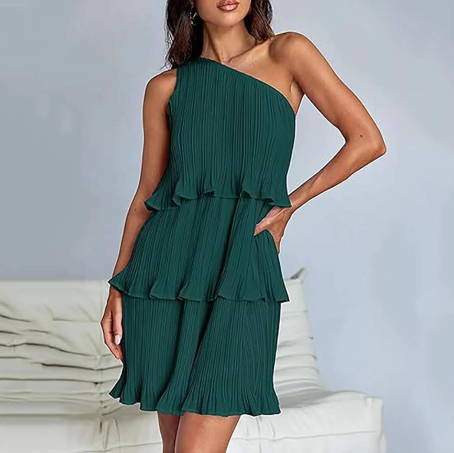 Sundresses for Women 2024 Boho Summer One Shoulder Sleeveless Ruffle Tiered Layered Chiffon Pleated A-Line Mini Dress