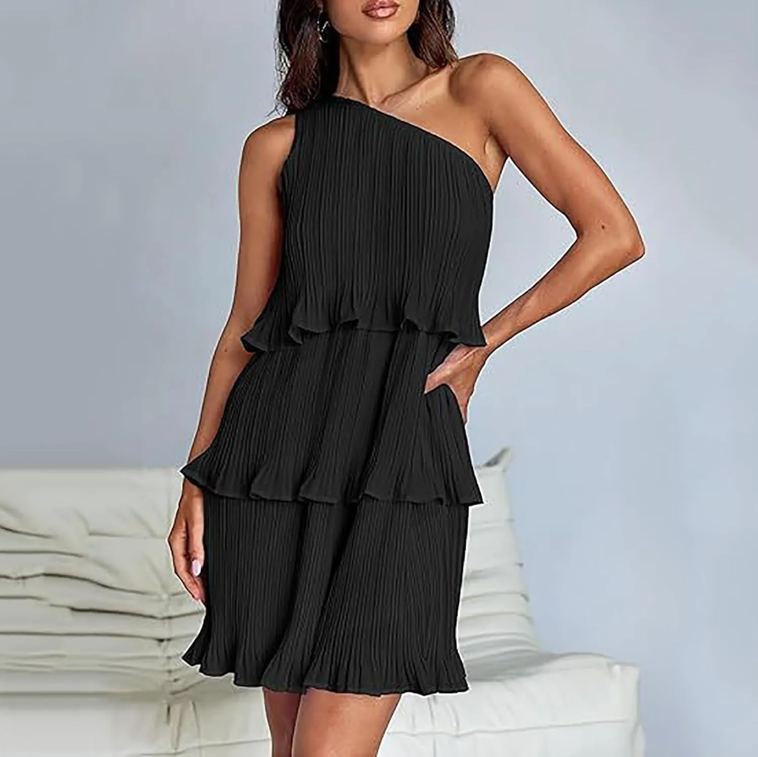 Sundresses for Women 2024 Boho Summer One Shoulder Sleeveless Ruffle Tiered Layered Chiffon Pleated A-Line Mini Dress