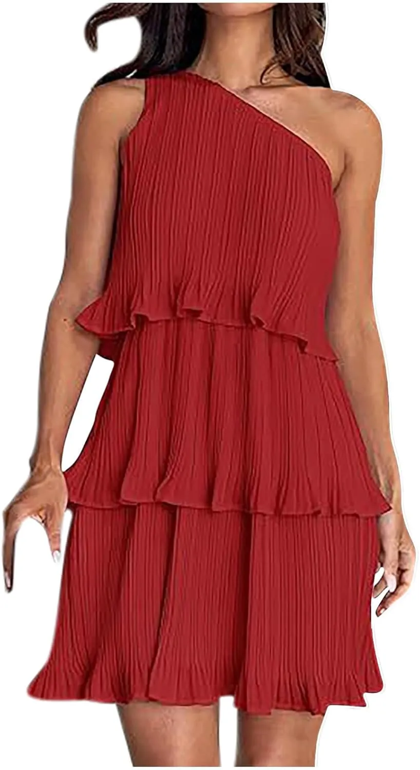 Sundresses for Women 2024 Boho Summer One Shoulder Sleeveless Ruffle Tiered Layered Chiffon Pleated A-Line Mini Dress